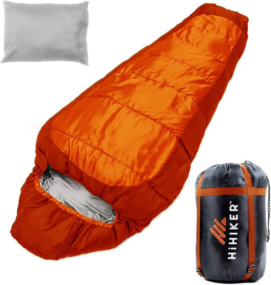 Mummy Bag + Travel Pillow W/Compact Compression Sack – 4 Season Sleeping Bag for Adults & Kids – Lightweight Warm and Washable, for Hiking Traveling & Outdoor Activities