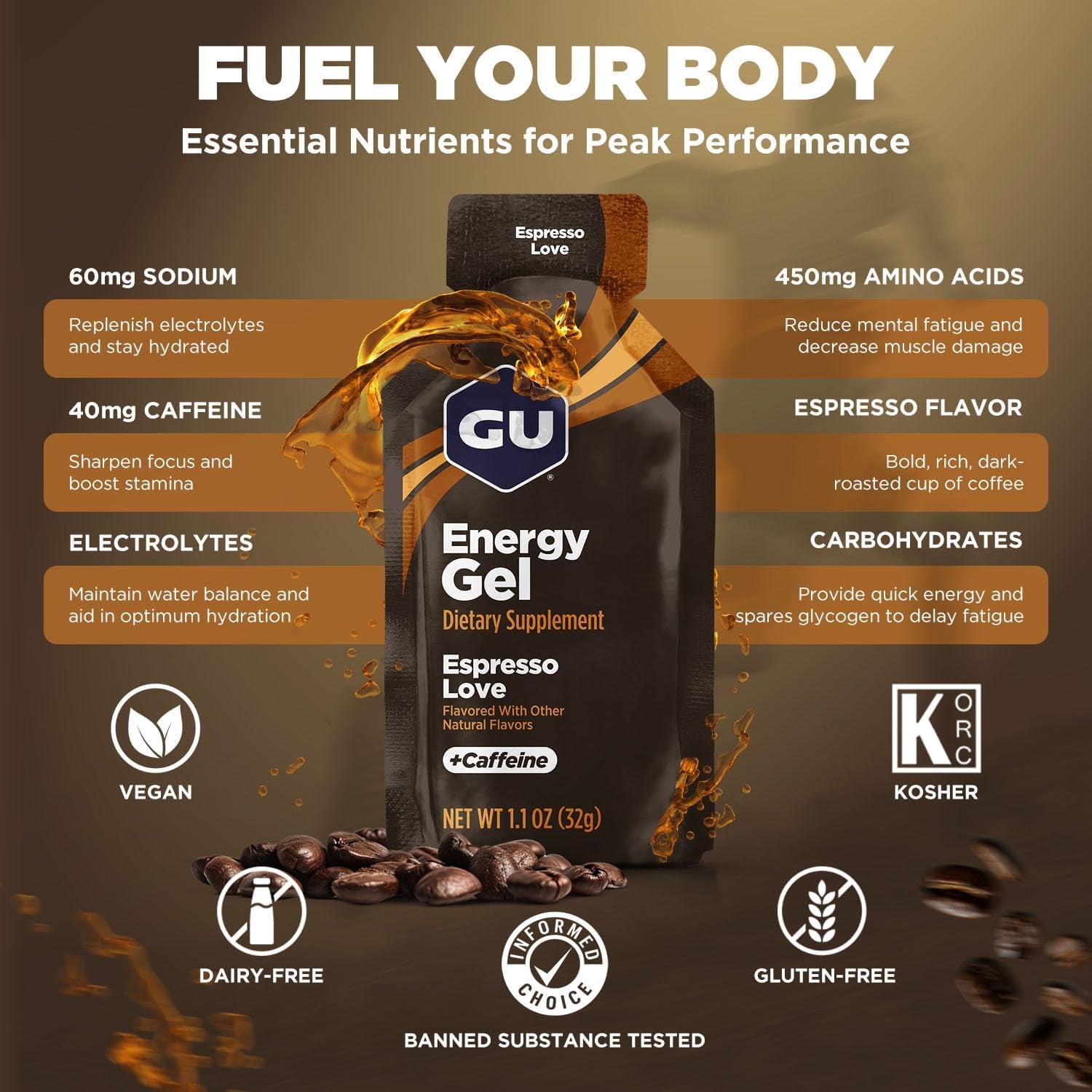 Energy Original Sports Nutrition Energy Gel, Vegan, Gluten-Free, Kosher, and Dairy-Free On-The-Go Energy for Any Workout, 24-Count, Espresso Love